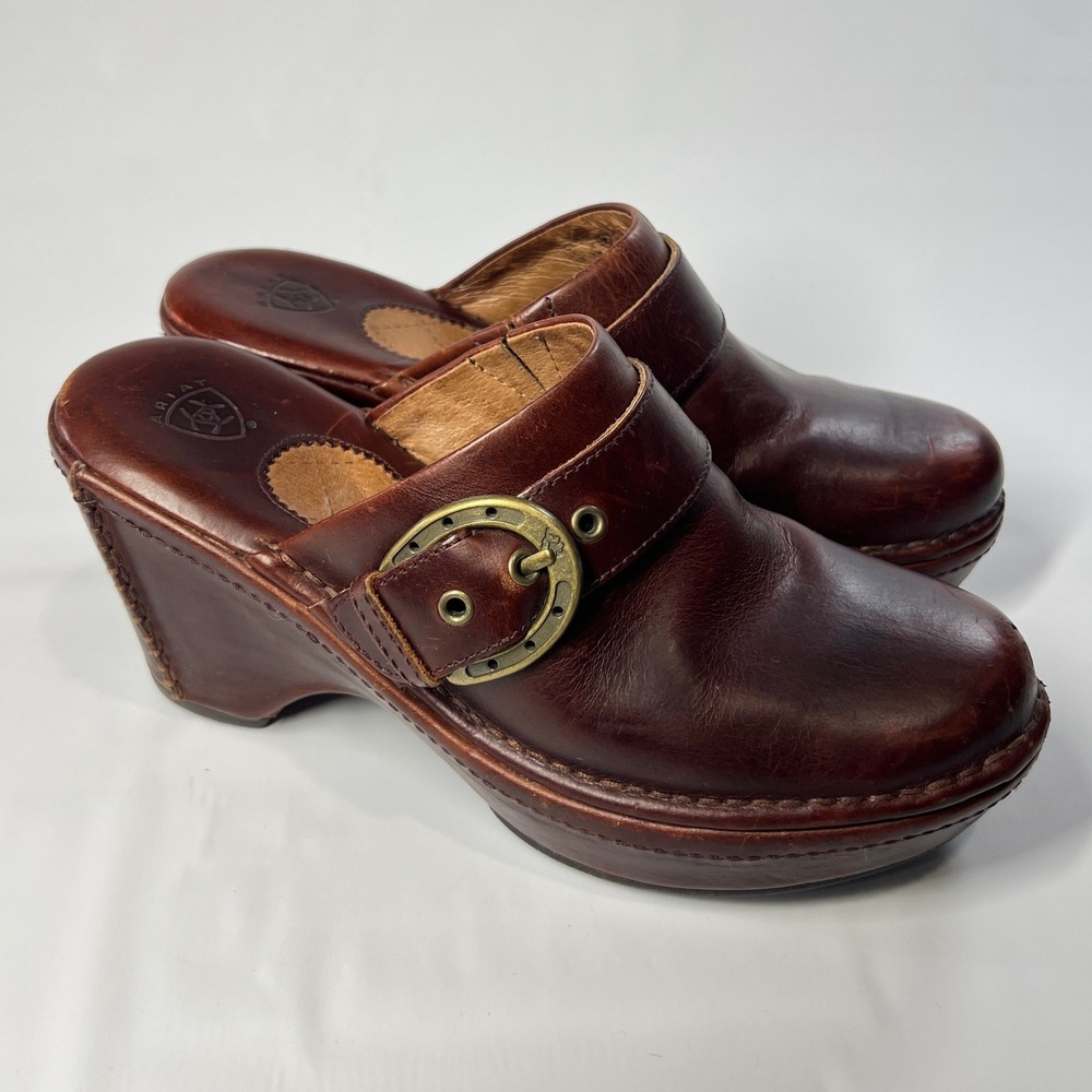 Ariat Womens 7.5B Brown Leather Wedge Clogs Buckle Mules Comfort Shoes Casual‎